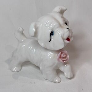 Vintage Porcelain White Dog Figure Rose MCM Kitsch‎ Shabby Chic Cottage Granny